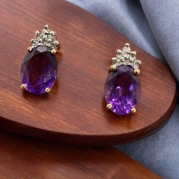 14K Yellow Gold Amethyst Diamond Earrings Studs Oval Pierced New Classic 90s - Picture 2 of 8